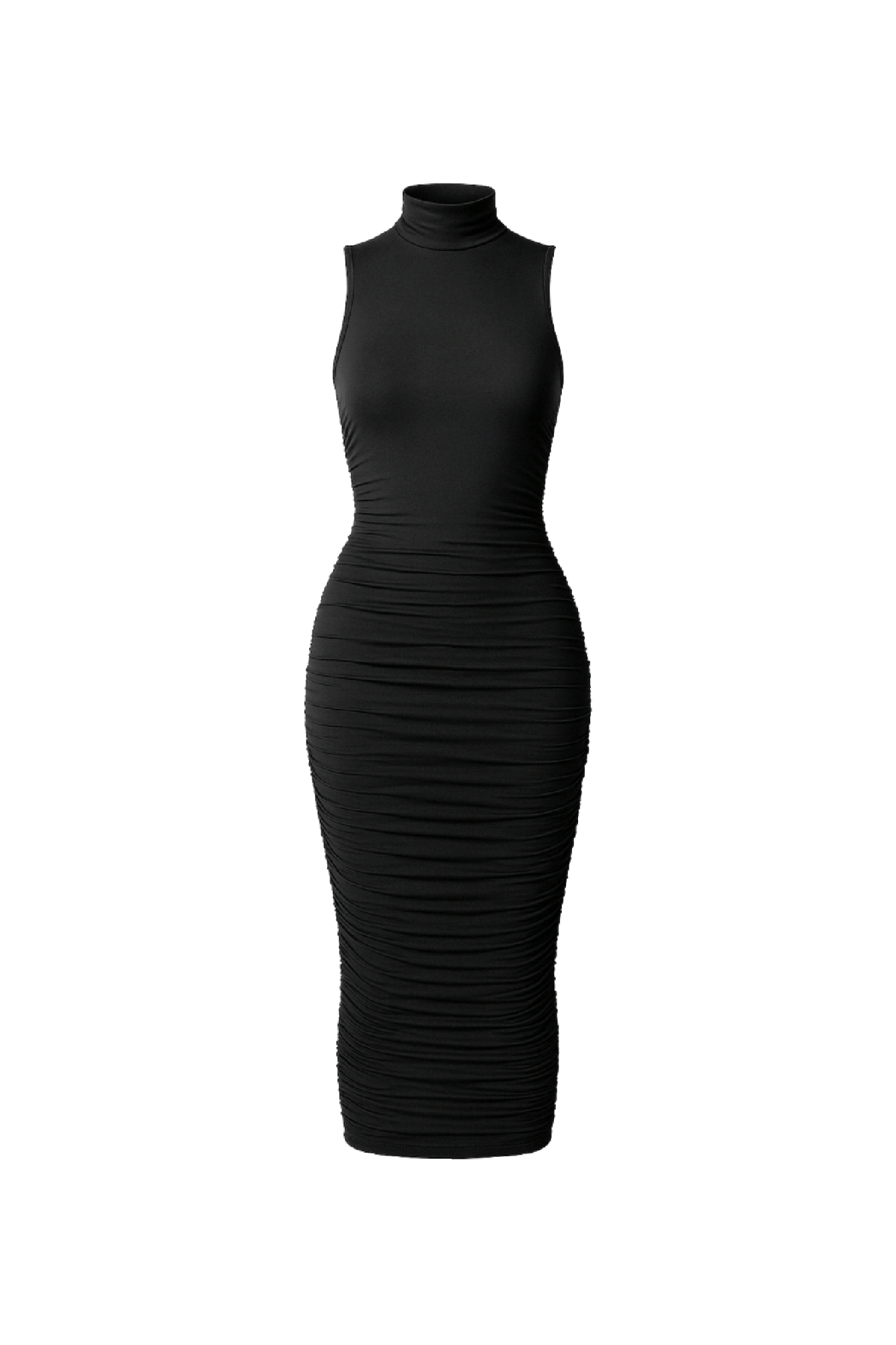 Ruched Sleeveless Turtleneck Midi Bodycon - EMMYDEVEAUX