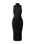 Ruched Sleeveless Turtleneck Midi Bodycon - EMMYDEVEAUX