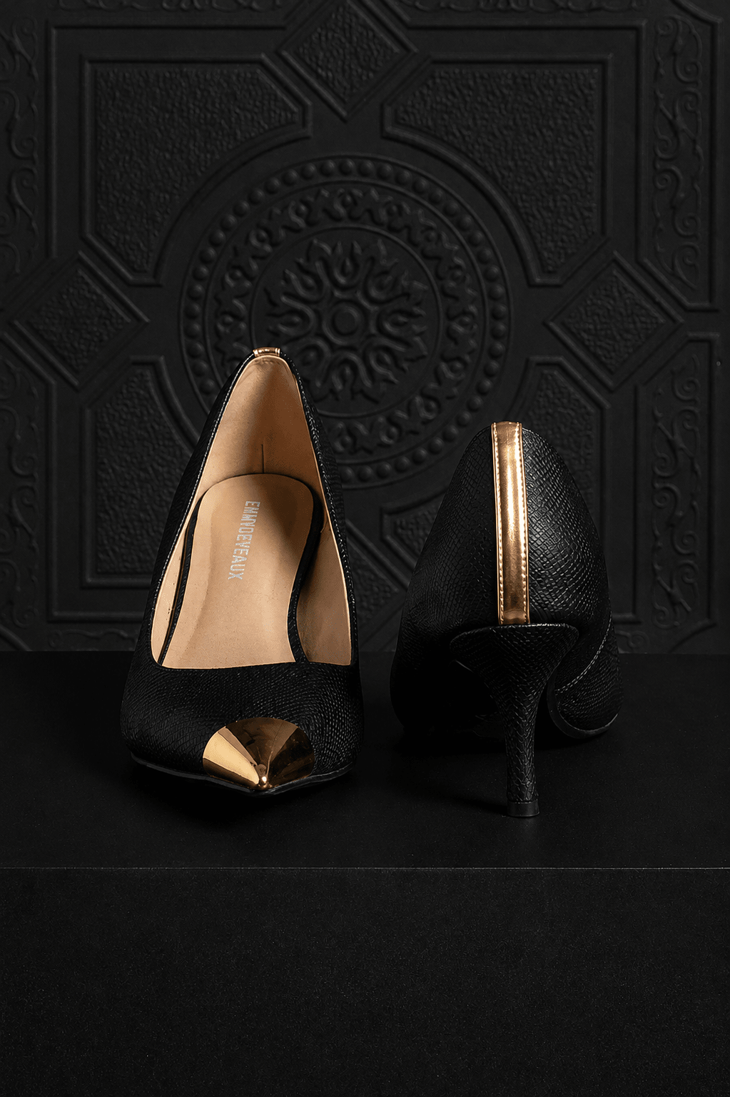 Harper Heel Black Croc Gold Toe - EMMYDEVEAUX