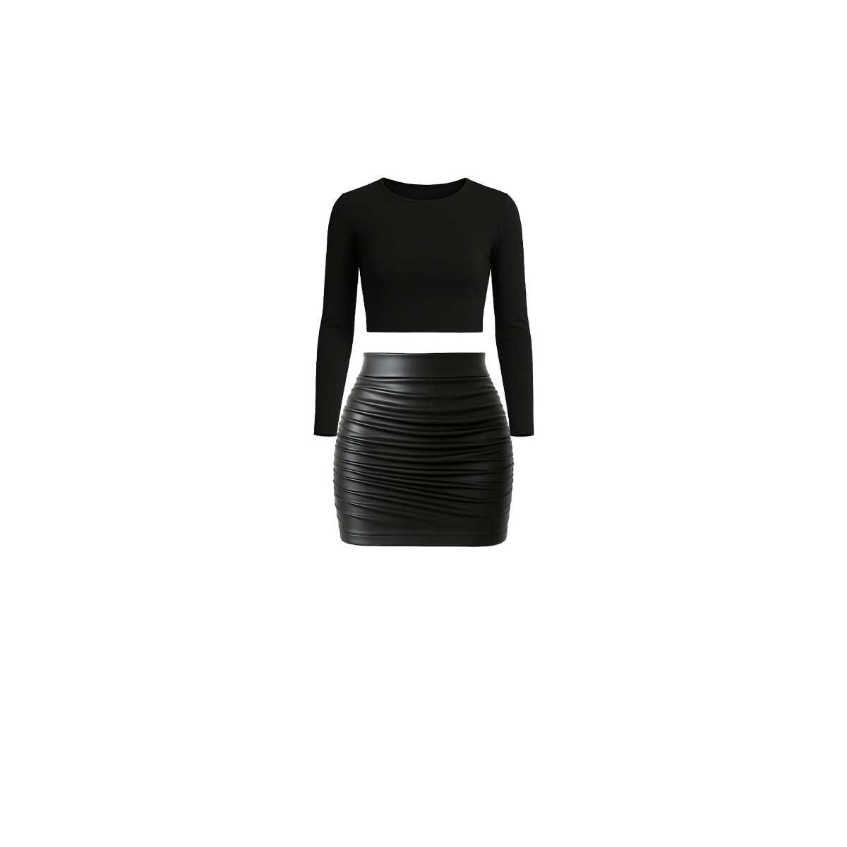 Long Sleeve Crop Top + Pleather Ruched Mini Skirt - EMMYDEVEAUX