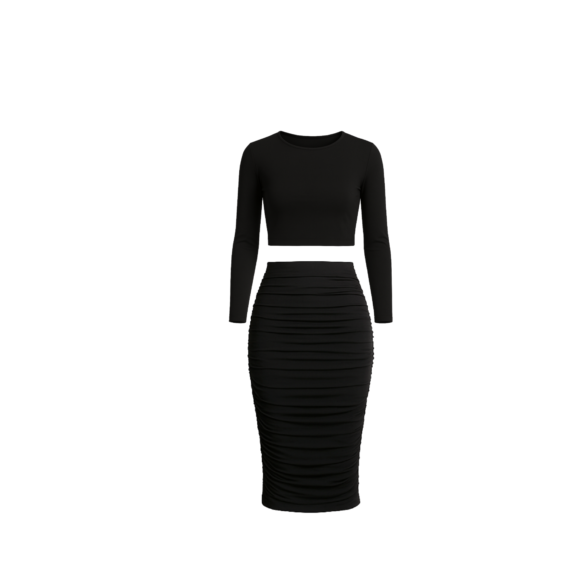 Long Sleeve Crop Top + Ruched Midi Skirt - EMMYDEVEAUX
