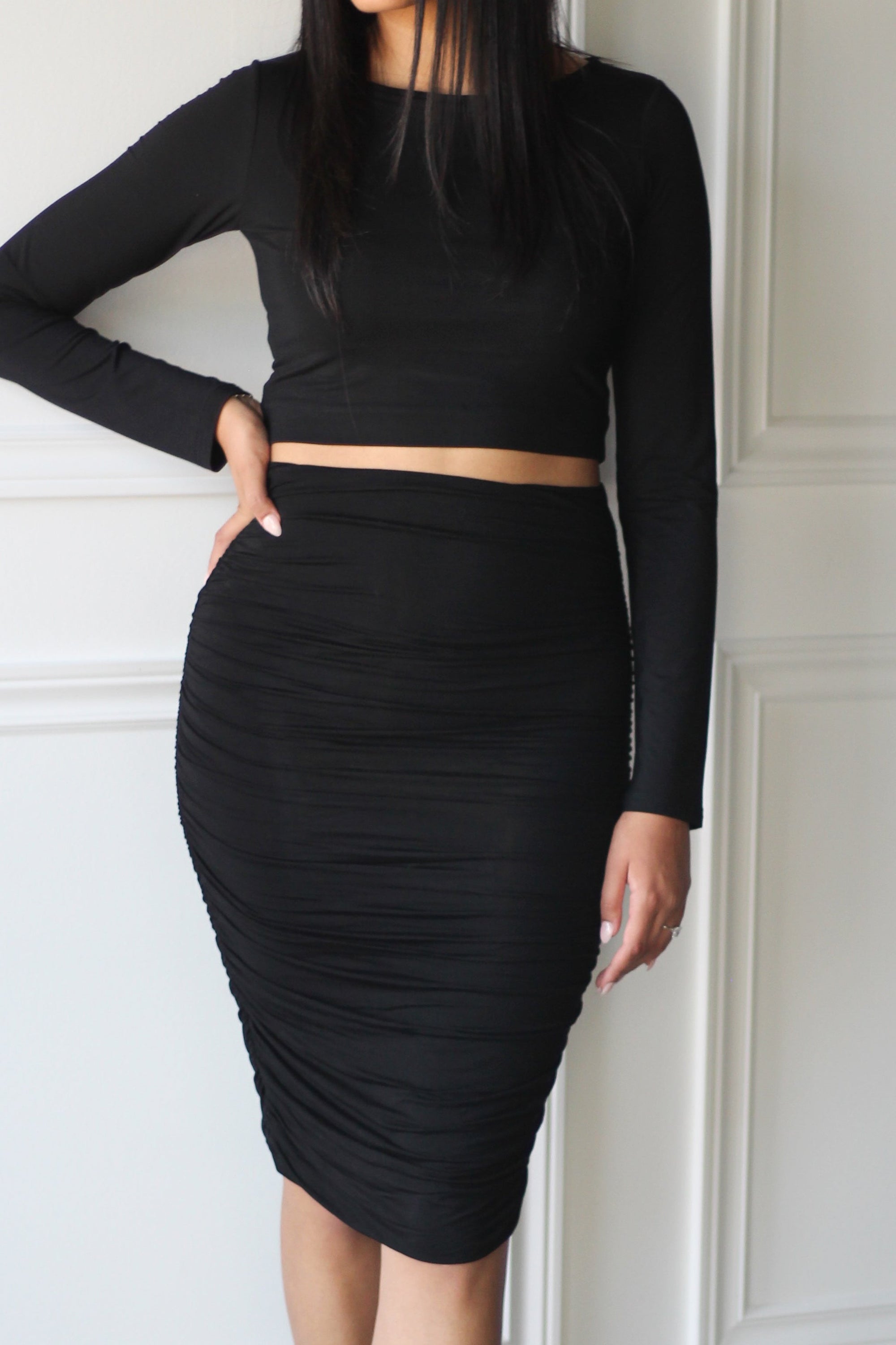 Long Sleeve Crop Top + Ruched Midi Skirt - EMMYDEVEAUX