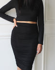Long Sleeve Crop Top + Ruched Midi Skirt - EMMYDEVEAUX
