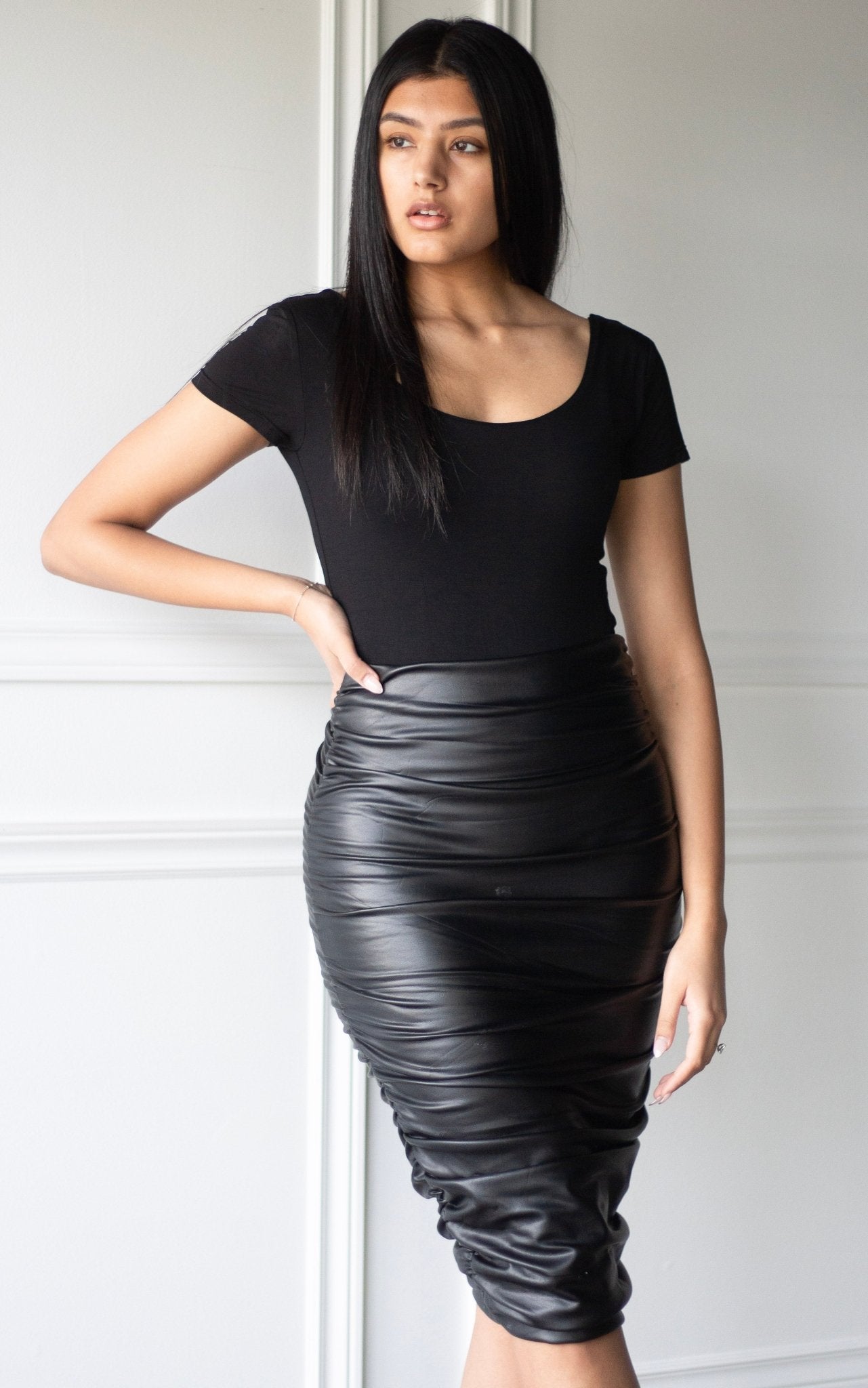 Pleather Ruched Midi Skirt - EMMYDEVEAUX