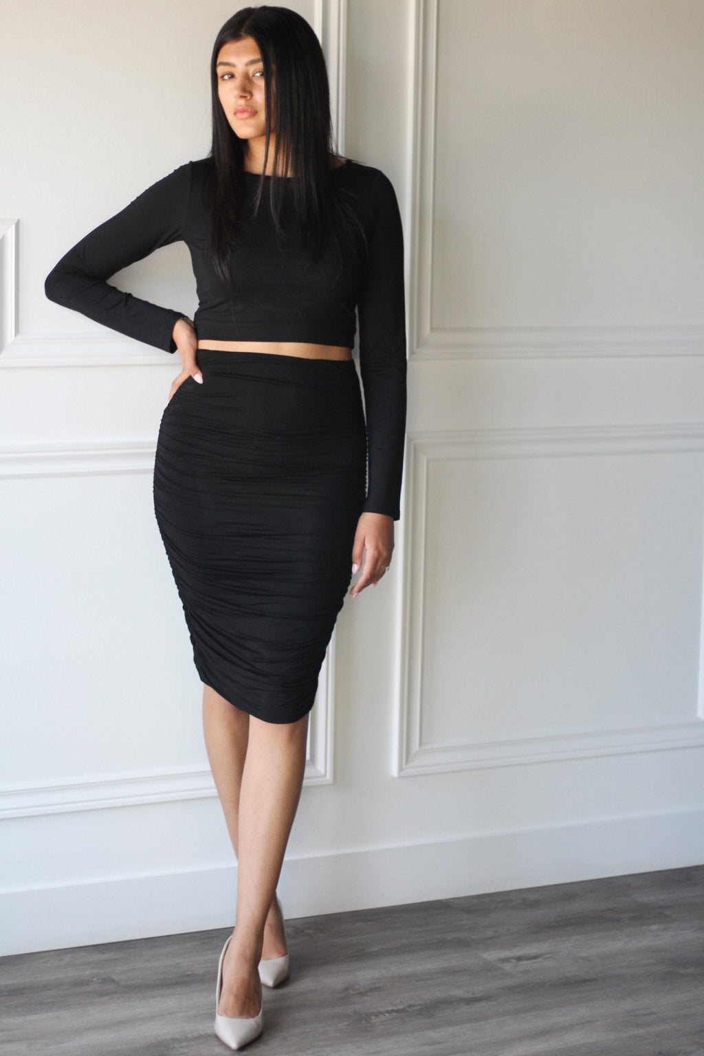 Ruched Midi Skirt - EMMYDEVEAUX
