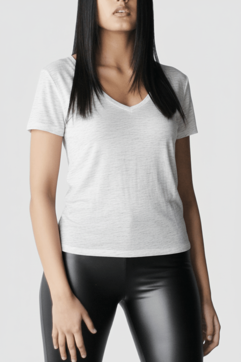 V - Neck T-Shirt - Heathered White - EMMYDEVEAUX